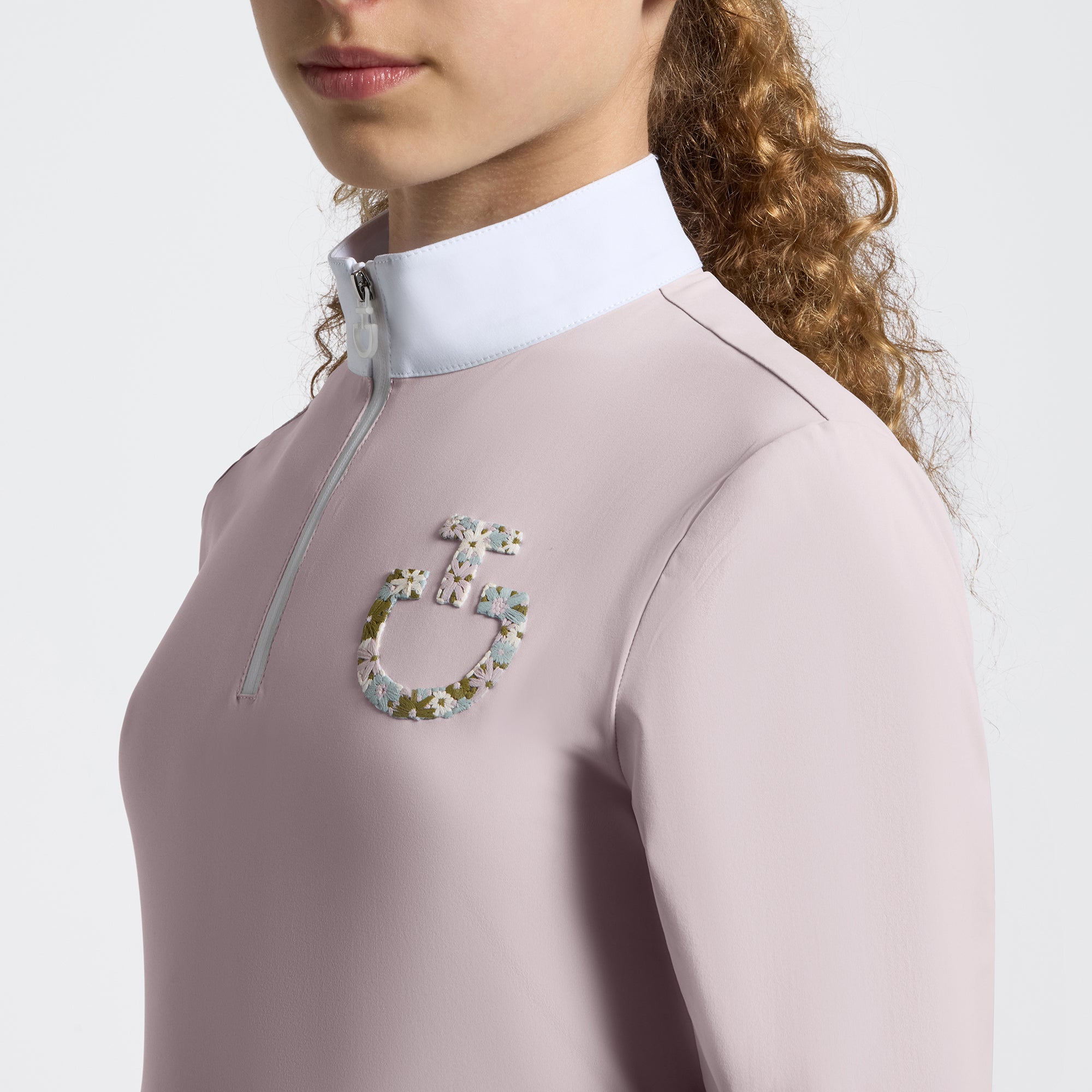 CAVALLERIA TOSCANA GIRL'S LONG SLEEVE RIDING SHIRT WITH FLORAL EMBROIDERY