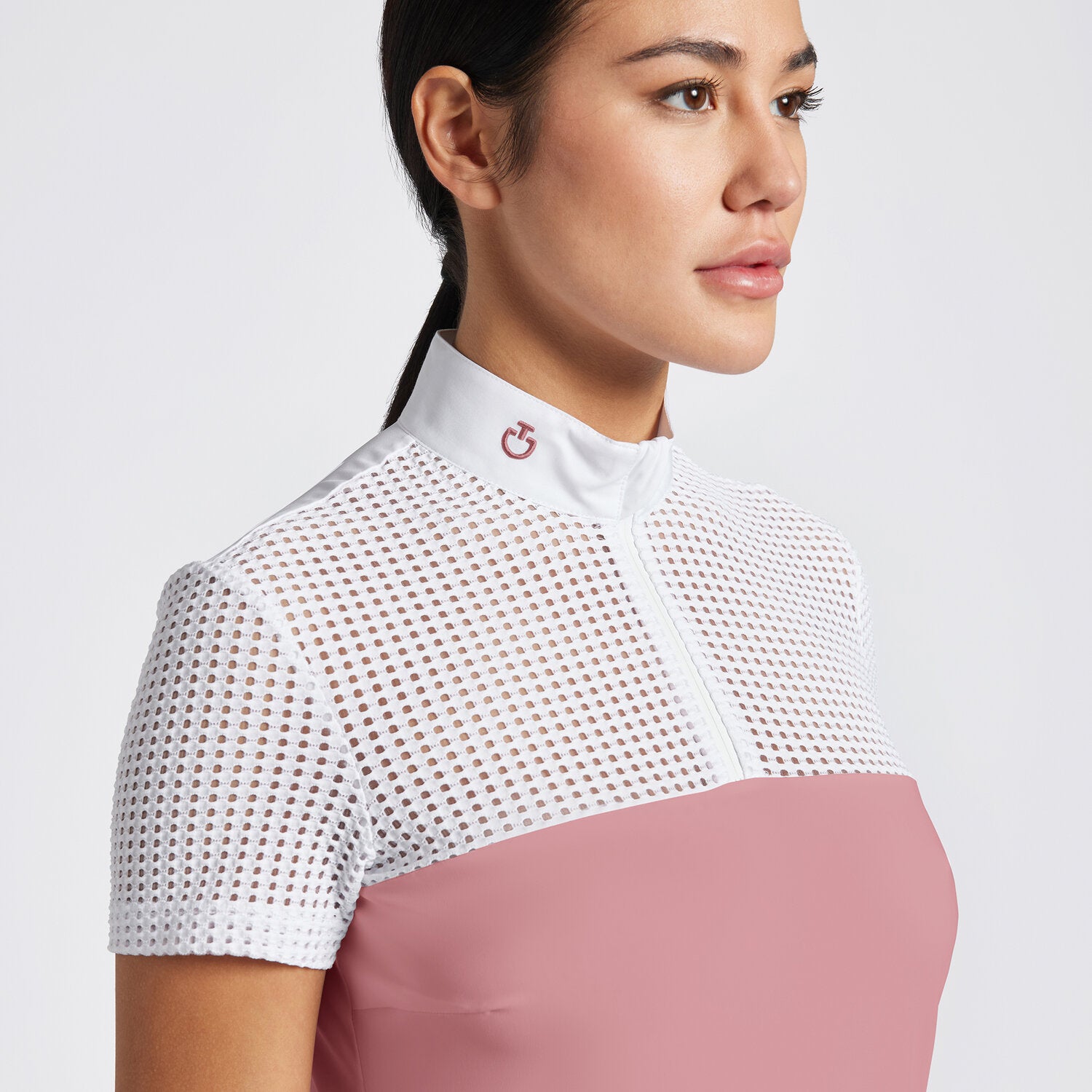 CAVALLERIA TOSCANA WOMEN'S PERFORATED JACQUARD JERSEY ZIP COMPETITION SHIRT