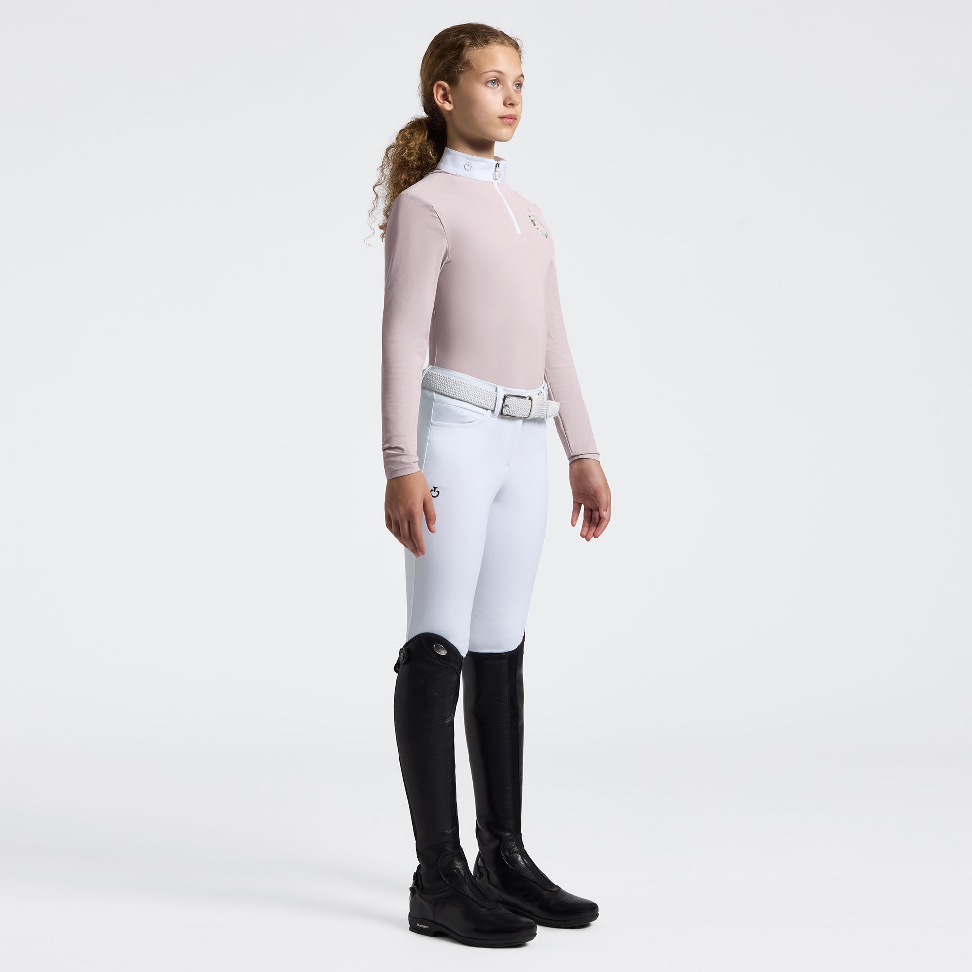 CAVALLERIA TOSCANA GIRL'S LONG SLEEVE RIDING SHIRT WITH FLORAL EMBROIDERY