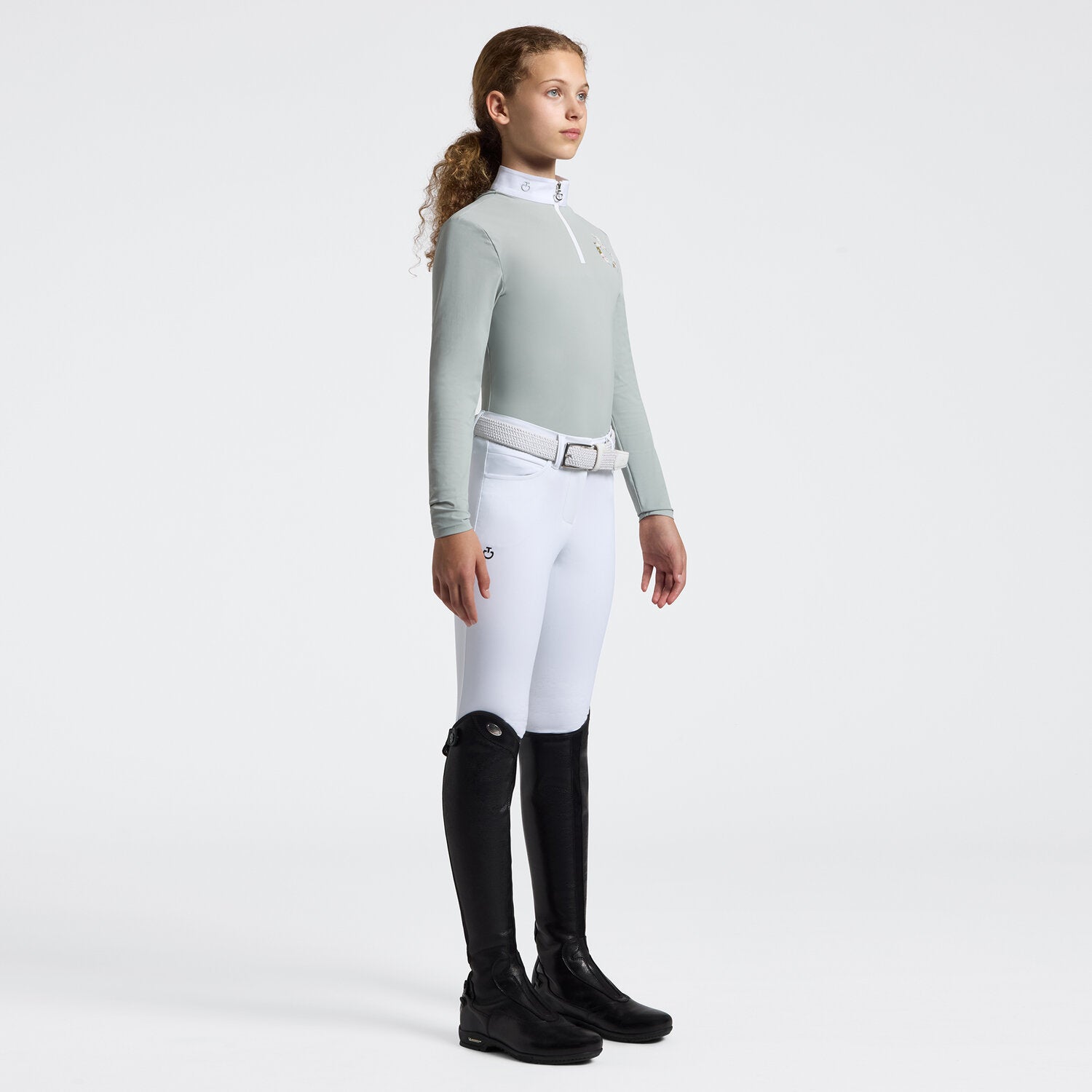 CAVALLERIA TOSCANA GIRL'S LONG SLEEVE RIDING SHIRT WITH FLORAL EMBROIDERY