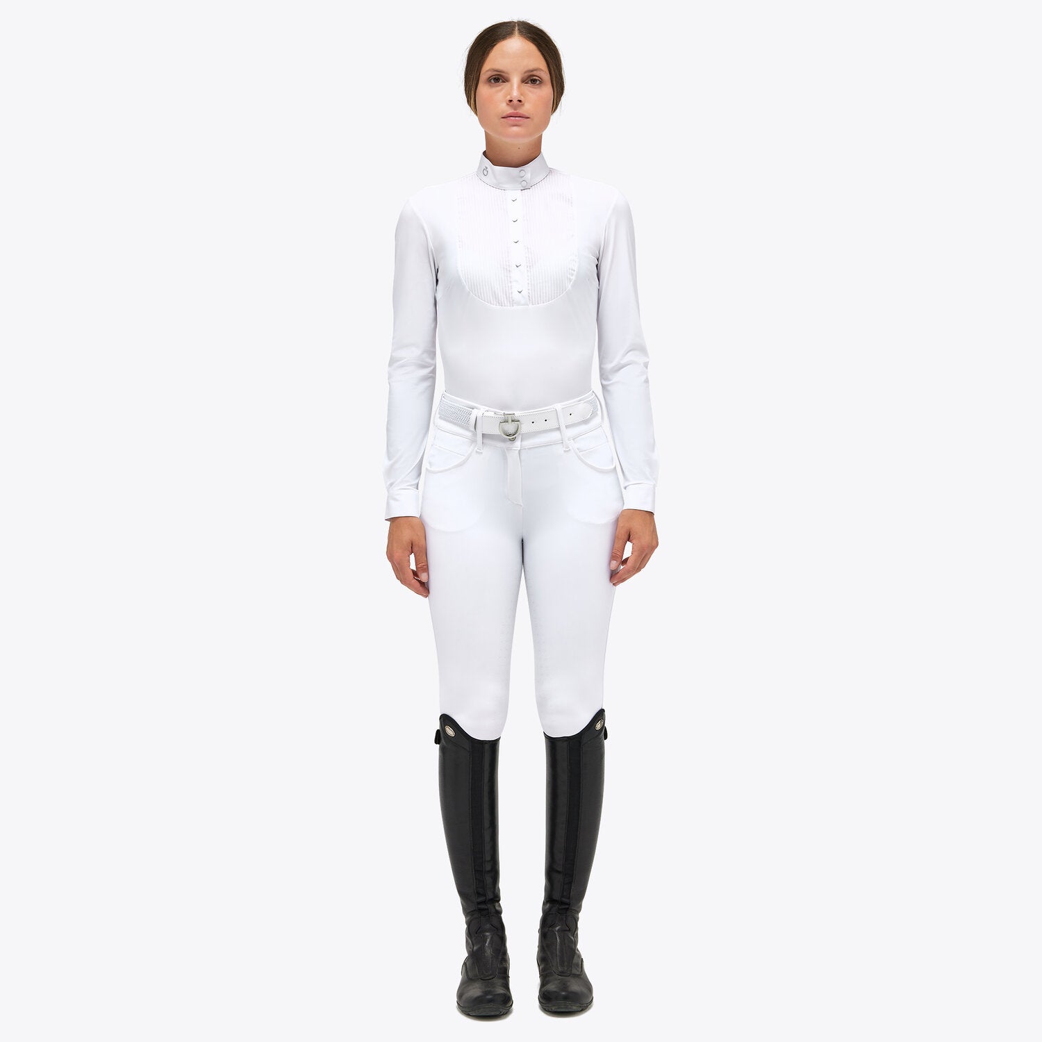 CAVALLERIA TOSCANA WOMEN'S JERSEY L/S BUTTON COMPETITION SHIRT WITH POPLIN PLEATED