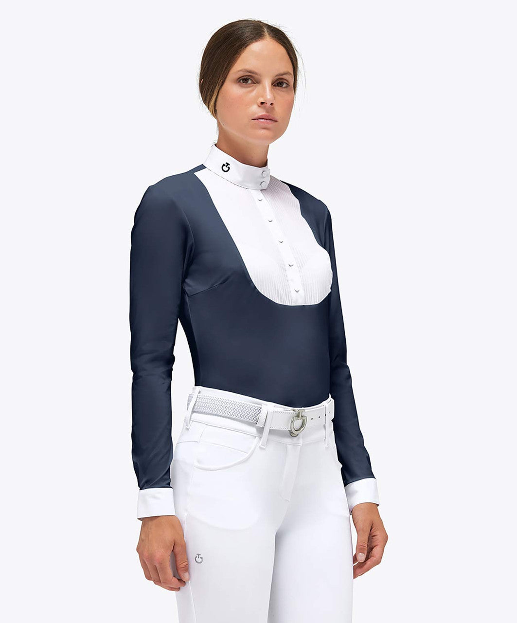 CAVALLERIA TOSCANA WOMEN'S JERSEY L/S BUTTON COMPETITION SHIRT WITH POPLIN PLEATED