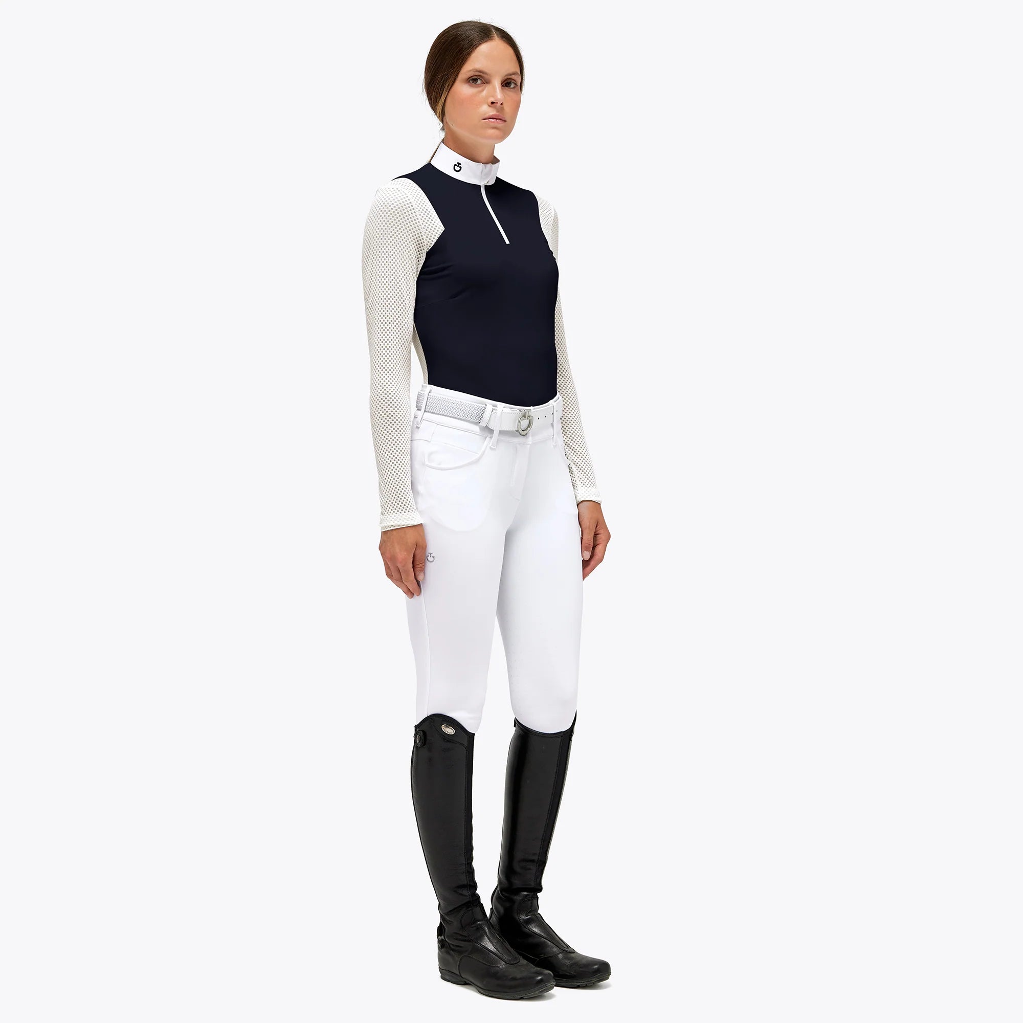 CAVALLERIA TOSCANA WOMENS LIGHTWEIGHT PIQUE AND TECH MESH L/S ZIP COMPETITION POLO
